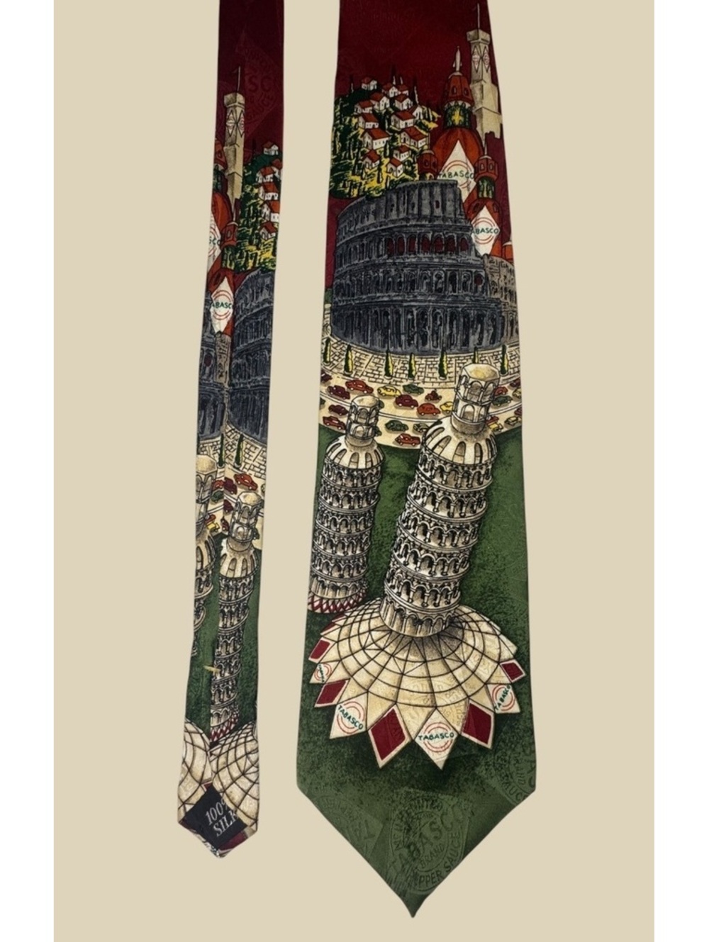 Vintage TABASCO Tie 100% Silk Leaning Tower Pisa Italy Novelty Made USA 58”